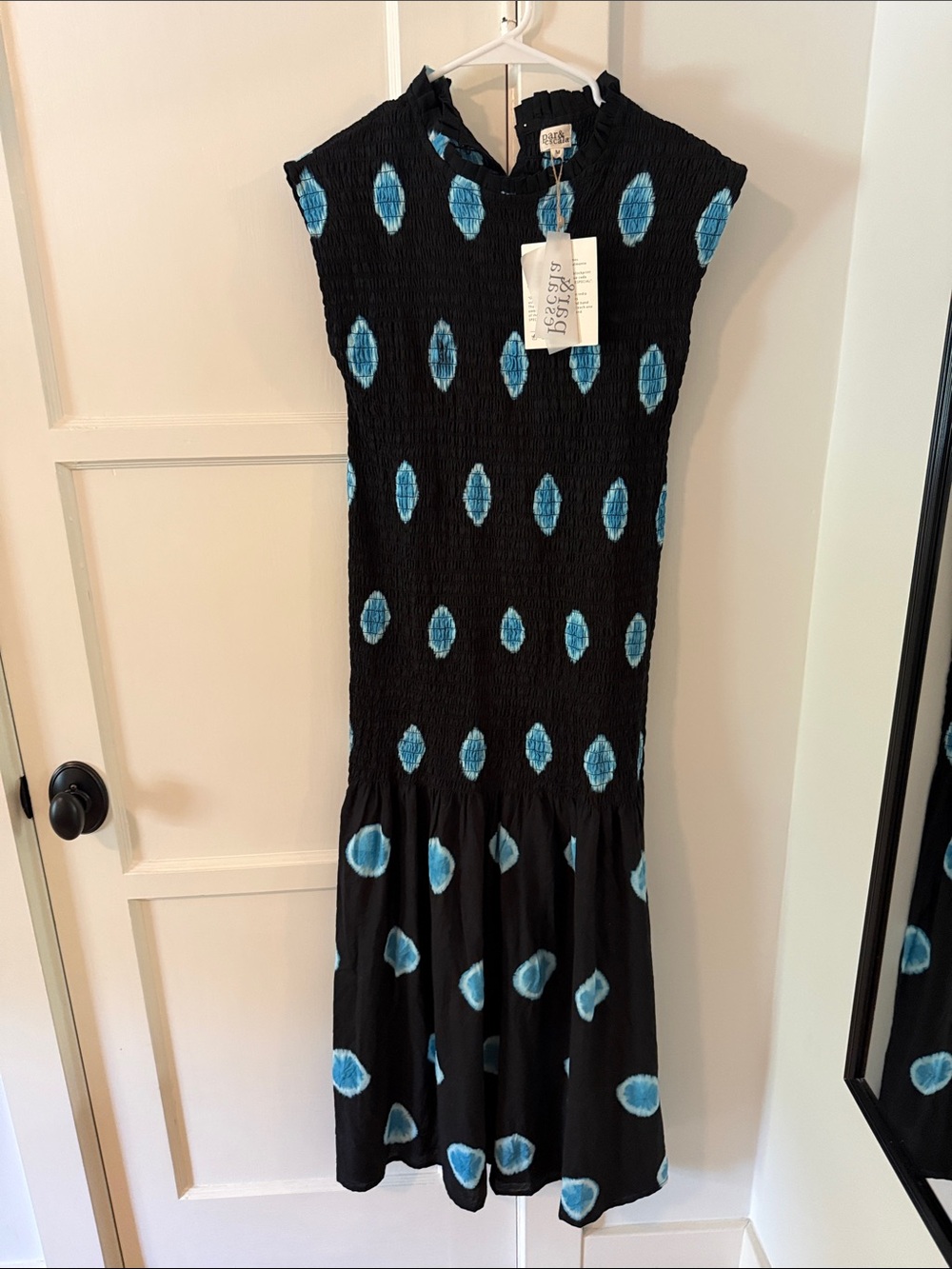 Smocked Black Maxi Dress with Blue Dot Print